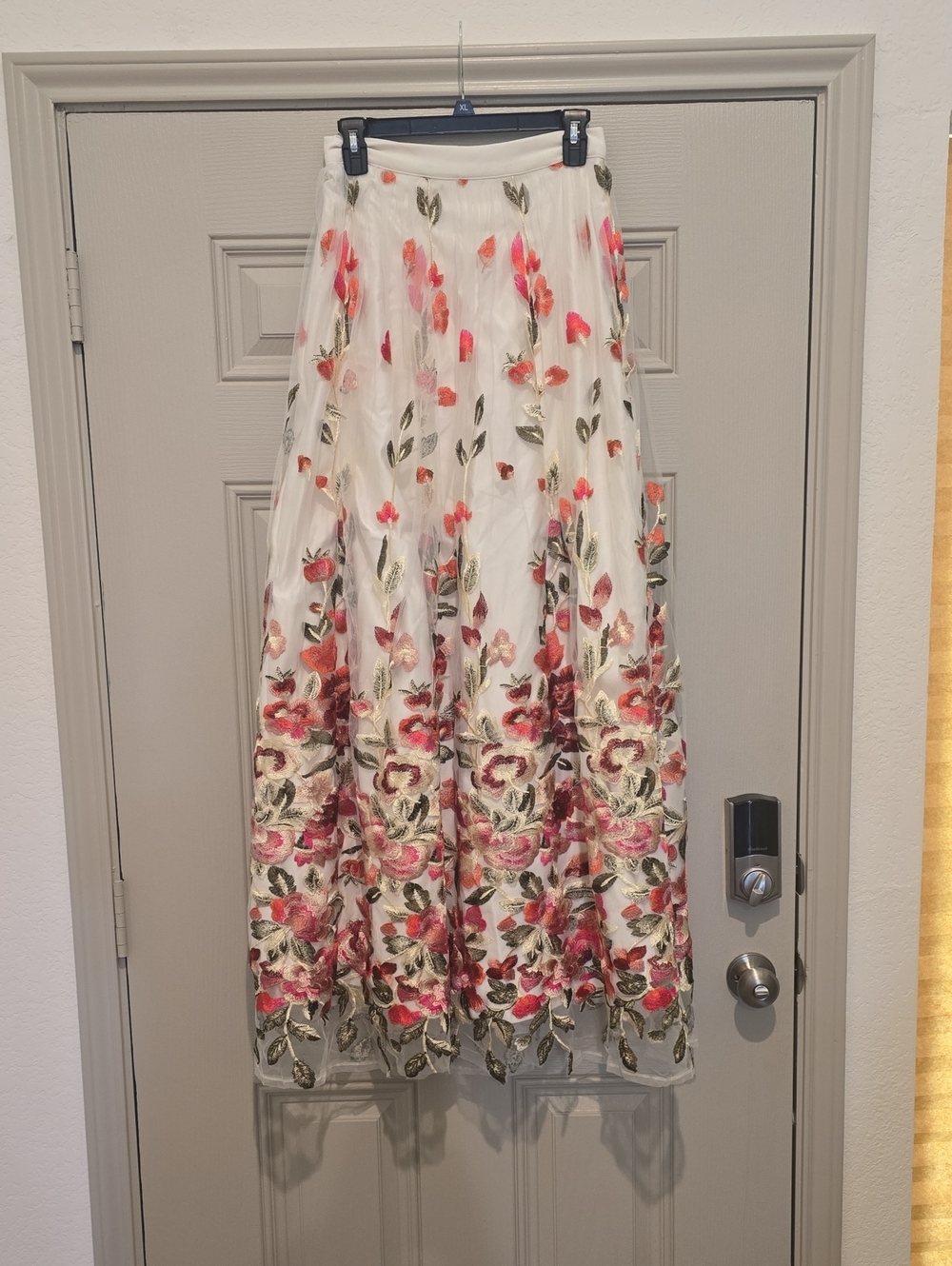 Trixxi Formal White Maxi Skirt with Pink and Green Floral Embroidery